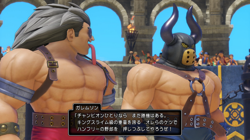 案外作戦とか練ってくる ガレムソン「チャンピオンひとりならまだ勝機はある。キングスライム級の重量を誇るオレらのケツで、ハンフリーの野郎を押しつぶしてやろうぜ!」