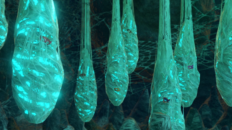 クモの糸でぐるぐる巻きにされている闘士たち