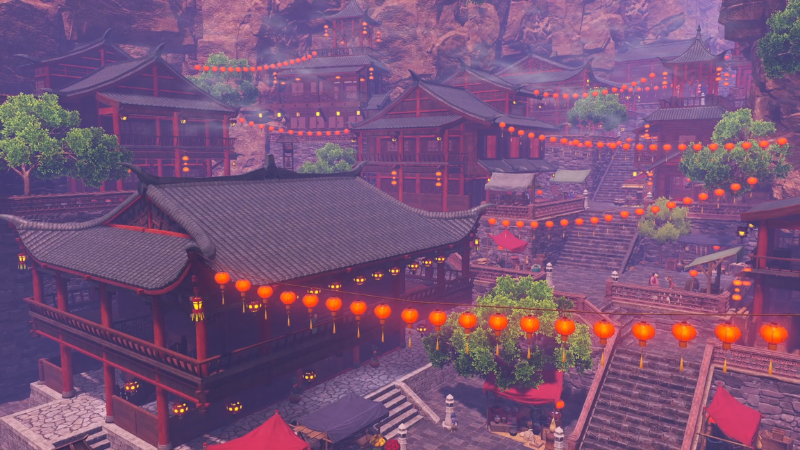 階段の多い村、プチャラオ村 プチャラオ村、提灯が灯る風景