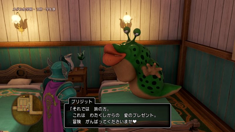ブリジット「それでは、旅の方。 これはわたくしからの、愛のプレゼント。 冒険、がんばってくださいませ♥」 ブリジット「それでは、旅の方。
これはわたくしからの、愛のプレゼント。
冒険、がんばってくださいませ♥」